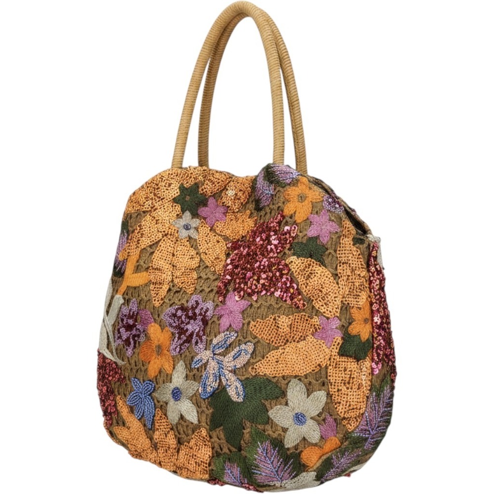 Shein Floral Embroidered Sequin Straw Tote Bag Purse Beach Handbag Colorful Boho